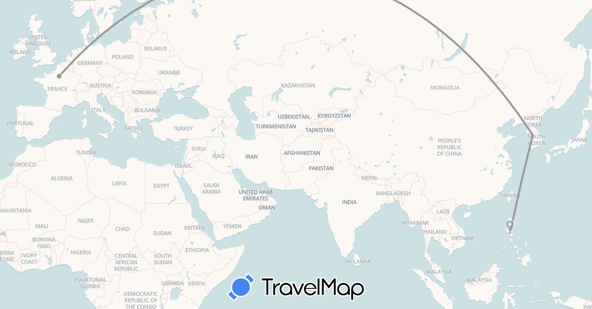 TravelMap itinerary: driving, plane in France, South Korea, Philippines (Asia, Europe)
